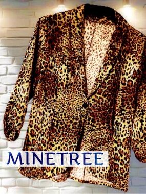 Minefree Womens Leopard Ruched Sleeve Lightweight Blazer